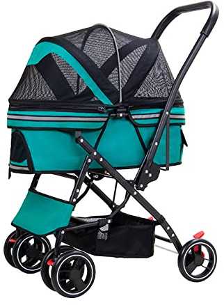 ACiyD Faltbarer Haustier-Kinderwagen für Katzen und Hunde, Luxus-Hundewagen für kleine, mittelgroße Welpen-Kinderwagen, Joggen, Kinderwagen mit Aufbewahrungskorb, Universalrad (Color : Green) (Green)