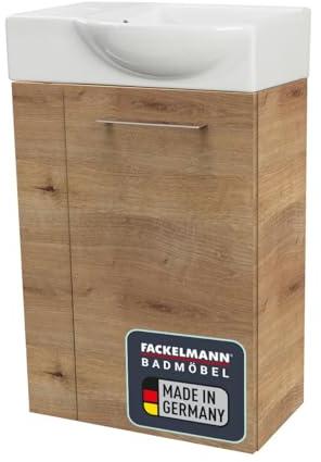 FACKELMANN Milano Gäste-WC Set 2 Teile – Waschtischunterschrank in Holz Braun mit Waschbecken aus Keramik – SBC Waschbeckenunterschrank schmal – Türanschlag rechts – Hahnloch Links – 45 cm breit