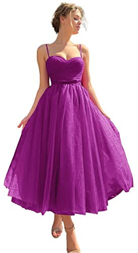 HPPEE Vestidos de graduación de regreso a casa, tirantes delgados, longitud del té, espalda abierta, vestidos de fiesta para adolescentes, fucsia, 40