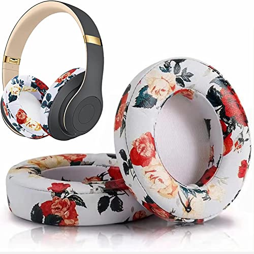 studio 3 Ear Pads Cushions Replacement Earpads for Beats Wired & Wireless Headphones, Ear Cushions Memory Foam Earpads with Soft Protein Leather - White Floral