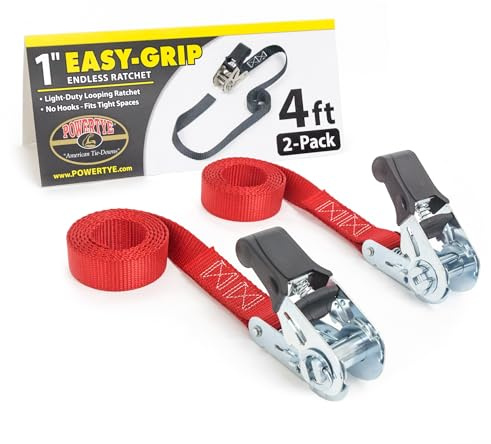 PowerTye - Endless Ratchet Strap - 1in x 4ft Easy Grip (Hookless), Tie Down Strap w/ 400 lb. Working Load Limit / 1,200 lb. Break Strength, Ideal for Motorcycle, ATV, Bike, & Coolers, Red 2-Pack