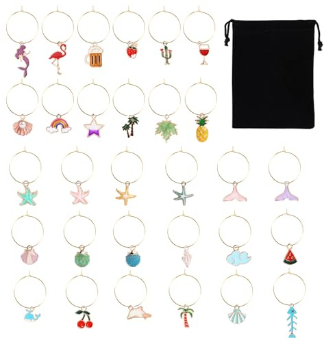 30 Pcs Wine Glass Charms Markers Tag Identification, Drink Markers Tags with Buckle Drink Markers Charms for Stem Glasses, Tasting Party Favors Decorations