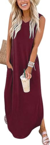 WNEEDU Damen Maxi Sommer Kleider Lang Strandkleider Ärmellos V-Ausschnitt Freizeitkleid A-Linie Shirtkleider mit Taschen,Weinrot XL