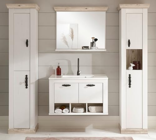 Furn.Design Badmöbel Set in weiß Pinie/Oslo Pinie Landhaus-Stil Badezimmer 5-teilig mit Waschbeckenunterschrank hängend MIT Waschbecken, Spiegel und 2X Hochschrank 205 x 200 cm Rovola (Set 6)