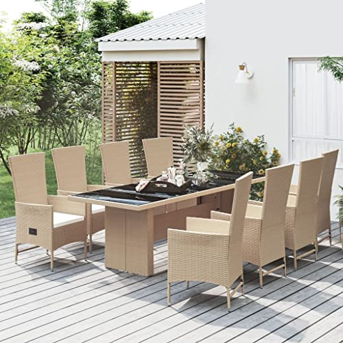 Gecheer 9-tlg. Garten-Essgruppe Gartenmöbel Set Sitzgruppe Gartenset Balkonmöbel Set Balkongarnitur für Garten & Terrasse mit Kissen Beige Poly Rattan