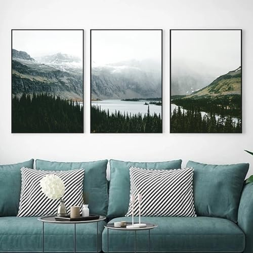 Herfair 3er Premium Poster Set, Moderne Dreamy Mountains Landschaft Natur Leinwandbilder, Grün Wald Wandbilder, Bilder Wohnzimmer Deko Schlafzimmer, ohne Rahmen (50x70cm)