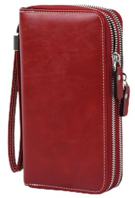 Wisebom Leder Geldbörse Große, PU Leder Geldbeutel Vintage Lang Portemonnaie mit 14 Kartenfächer RFID Schutz, Leder Portmonee mit 2 Reißverschluss und Handschlaufe Unisex (Retro Rot)