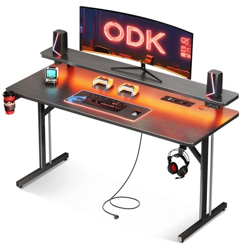 ODK Gaming Tisch, Kleiner Gaming Schreibtisch mit LED Beleuchtung & Steckdosen, 120cm Computertisch mit Monitorablage, Carbon Fiber Schwarz PC Gamer Tisch