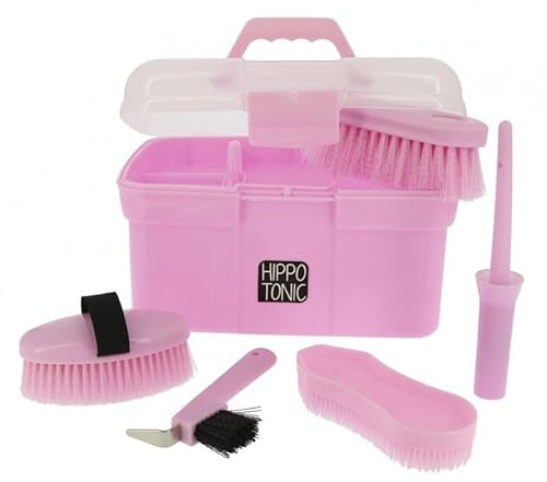 RL24 - Kinder Putzbox für Pferde Hippo-Tonic | Putzkasten mit Hufkratzer, Hufpinsel, Kardätsche & Pferdebürsten | Putzkiste in Rosa | Putzkoffer für Pferde | Pferdepflege Set 5-teilig