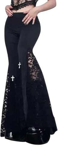 XKBHYD Women Gothic Pants - Wide Leg, High Waist Lace Patchwork Trousers - Y2K Emo Alt Harajuku - Black