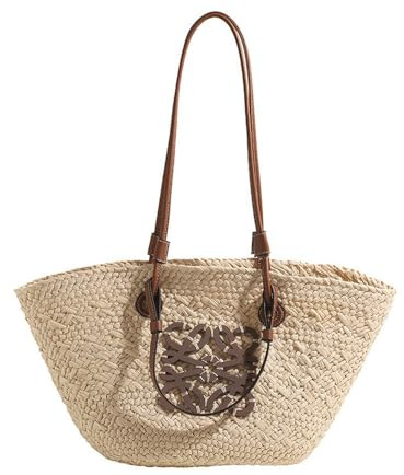 BTCHING Straw Tote Bag - Large Capacity Hand-Woven Beach Women's Bag - White
