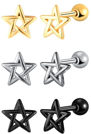 Yumilok 3 par stjärna örhängen kvinnor rostfritt stål öra manschett örhängen set herr örhängen stud piercing huggie kreoler för kvinnor, Rostfritt stål