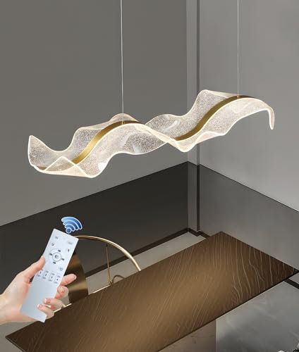 Esstisch Pendelleuchte, Dimmbar LED Pendelleuchte Gold Moderne Hängeleuchte mit Fernbedienung Pendellampe Wave Design Höhenverstellbar Kronleuchter Lampe für Esszimmer Sekretariat Küche Leuchte(150cm)