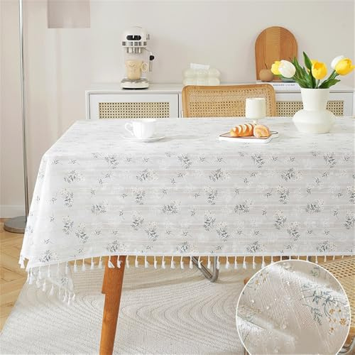 Clothfuna Mantel lavable con bordado 3D, color lila, lino blanco, impermeable, mantel rectangular floral para comedor, mesa de centro, jardín, 140 x 240 cm