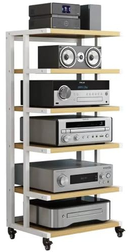 ZIUSFAC Audio Stand Hifi Rack AV Cabinet Media Stand Audio Video Component Cabinet With Brake Wheel 4/5/6-Tier Stereo Rack Corner Rack Audio Tower Open Audio Cabinet(White+walnut,6 Tier)