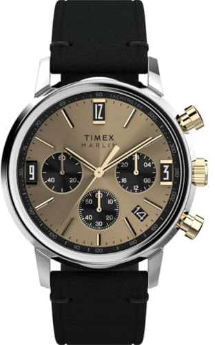Timex Montre Homme Marlin Cuir Homme - Vegan Or Acier Boîtier Mouvement à Quartz Cadran Doré Noir Eco-Cuir Bracelet avec Fermeture Boucle Normale 5 ATM