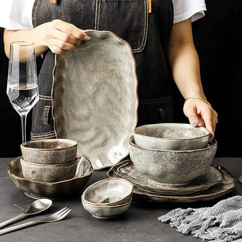 Set di Piatti da Tavola in Ceramica 38 Pezzi in Stile Giapponese con Motivo Pietra Perfetti per Riunioni di Famiglia E Cene retrò Colore Grigio Piatti Moderni