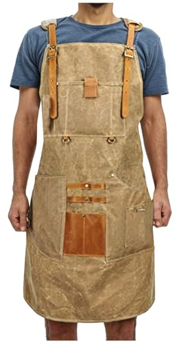 Rrongwn Delantal de trabajo para hombre, delantal de carpintería, resistente, delantal de lona, delantal sólido, varios bolsillos, hombreras ajustables, delantal para herramientas