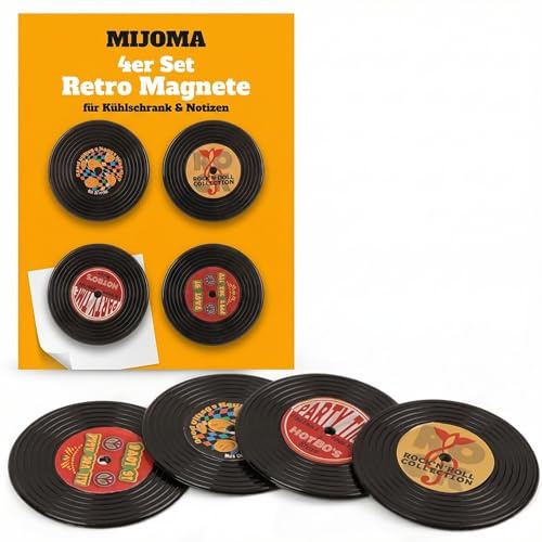 MIJOMA 4er Kühlschrankmagnete Retro Schallplatte – für Notizen Fotos Einkaufslisten – Vinyl Look aus Kunststoff – Vintage Deko für Küche Büro Magnettafel