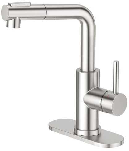 CREA Robinet de cuisine avec douchette extensible, mitigeur d'évier pré-Wet Bar avec montage monotrou et levier unique, petit robinet en acier inoxydable en nickel brossé pour mini évier, camping-car