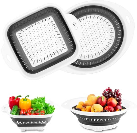2 x Colador Plegable de Silicona, Colador de Cocina, Coladores de Silicona Plegable, Escurridor Plegable Coladores de Alimentos Cesta de Drenaje para Escurrir Verduras Frutas Pasta(Ovalado+Cuadrado)