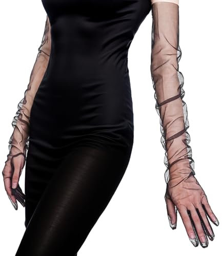 AhhiAboo 1 Paar Damen Lange Handschuhe mit Spitze, Schwarze, Dünne, Transparent Elegant Spitzenhandschuhe, Tüll, Retro, Abendhandschuhe für Bankett, Fotografie, Schmuck