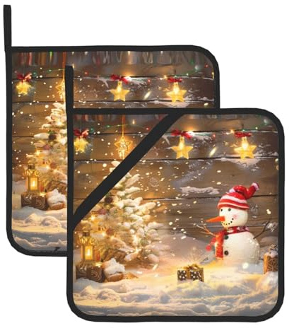 Topflappen mit Weihnachts- und Schneemann-Motiv, quadratisch, hitzebeständig, für Backofen, Mikrowelle, Küche, Kochen, Backen, Grillen, 2 Stück