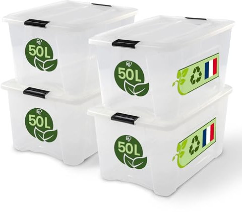 Iris Ohyama, Boite Rangement Plastique avec Couvercle, 45L, Lot de 4, Transparent, Clips de Fermeture, Poignée, Empilable, Organisation Solide et Durable, pour Chambre, Dressing, Bureau, BSB-45