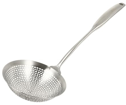 Colador de Alimentos de Acero Inoxidable 304 para Cocina | Plata, Mango Reforzado y Alargado, Orificio Superior, Fácil de Limpiar y Seguro para Alimentos