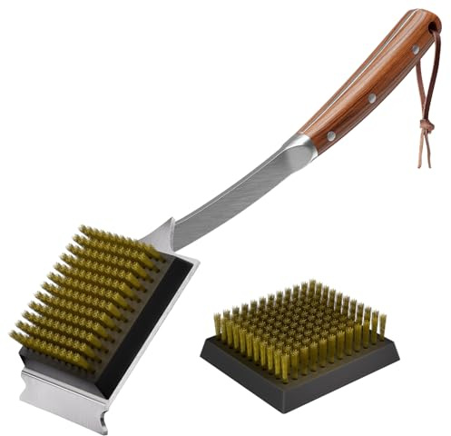 ENLOY brosse et grattoir pour barbecue, brosse de 43,2 cm pour barbecue extérieur, manche étendu en palissandre et 2 têtes de brosse remplaçables en fil de cuivre