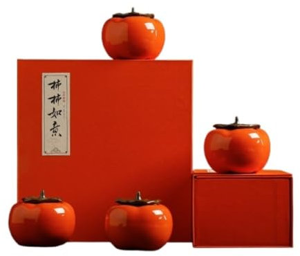 Kitchen Canisters Ceramic Tea Caddy Creative Persimmon Tea Storage Jar Ceramic Tea Set Tea Container Sealed Jar Double Jar (Four Cans Gift Box)