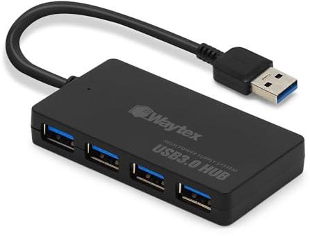 WAYTEX Hub USB 3.0 avec 4 Ports, câble 15 cm USB 3.0 Haute Vitesse 5Gbps et Protection Surtensions, Compatible PC Fixe et Portable, Macbook
