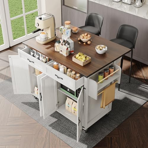 Jtyca Kitchen Island on Wheels, Rolling Storage Kitchen Trolley with Large Cabinet, Kitchen Furniture, Kitchen Islands Free Standing with 2 Drawers, Towel Rack, Adjustable Shelf, 140x90.5x45cm, White