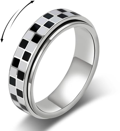 AmorArtSky rutig fidgetring för vuxna – 18K guldpläterat rostfritt stål roterande spinner smycken, ångest- och stresslindring, present till kvinnor/män (svart och vitt mönster), Rostfritt stål