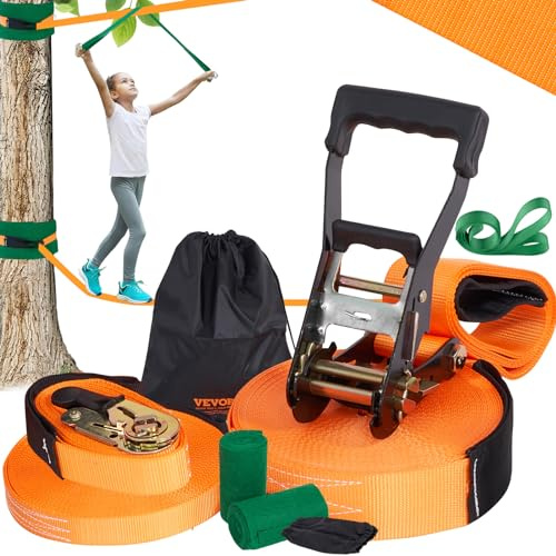 VEVOR Kit Slackline con linea di allenamento, attrezzatura da 18,3 m per il cortile, corda stretta facile da installare per bambini e adulti, set completo Slackline con protezioni per alberi