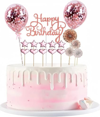 Decoración para Tartas de Cumpleaños, 17 Piezas Happy Birthday Cake Topper, Decoración de Pastel de Cumpleaños con Estrella, Corazon, Abanico Papel, Globos Confetii, para Fiestas de Cumpleaños