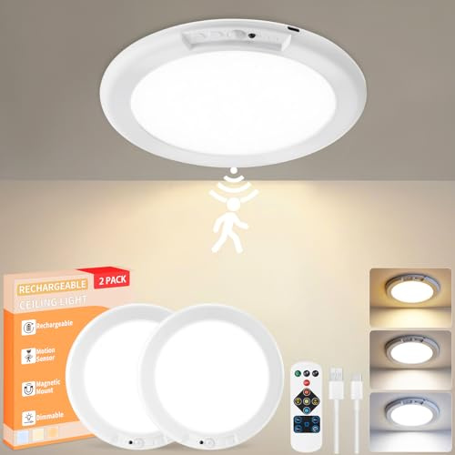 KYEKIO Rechargeable Ceiling Light 2Pack, 3 Color Magnetic Motion Sensor Lights with Remote, Wireless Dimmable Closet Light Battery Operated, LED Lights for Shower Pantry Shed Hallway Porch Stairs