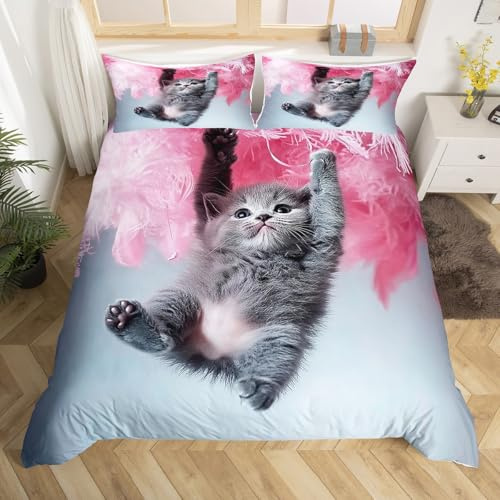 Homemissing Mignon Chat Housse De Couette 140x200 Fille Animaux Ensemble de literie Chat Rose Plumes Housse De Couette Adolescents Enfant Parure Lit Microfibre