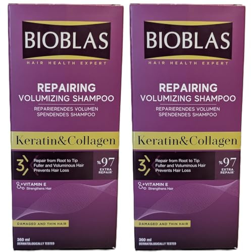 Bioblas Reparierendes Volumen Shampoo mit Keratin & Kollagen, 2er-Pack (2 x 360 ml) - Gegen Haarausfall, 97% Extra Repair für beschädigtes und dünnes Haar, Vorteilspack