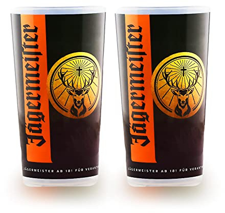 Jägermeister 2 Stück Originale schwarze Plastik-Becher Mehrweg-Becher schwarz mit Schriftzug + Logo 0,2l Party-Becher Gläser Cup Cup's