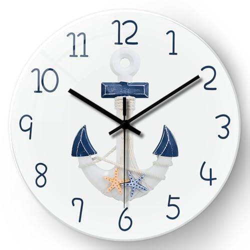 Constantplanet 20 Inch White Nautical Glass Wall Clocks Battery Operated | Large Modern Ddecorative Coastal Wall Clock for Living Room Office Bedroom Kitchen Decor Wall Clock Slient Non-Ticking