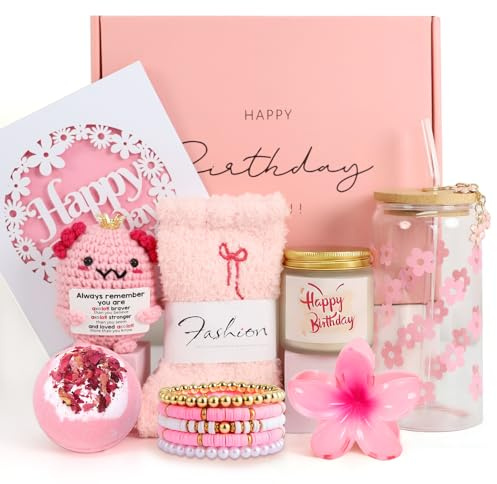Birthday Gifts for Teen Girls, Women, Her, Unique Happy Birthday Gift Baskets for Best Friend, Daughter, Sister, Granddaughter, Cute Axolotl Crochet Ideal Gift Set 9pcs