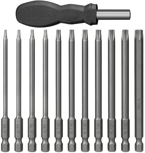 12PCS Screwdriver Bit Sets, 100mm Torx Screwdriver Set, T6-T40 S2 Steel Long Hex Shank Bits, 1/4 Inch Torx Bit Set, Suitable for Electric Drills and Manual Spanners