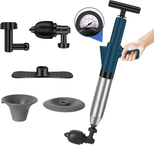 Hochdruck Rohrreiniger Druckluft, Abflussreiniger Pumpe mit Luftdruckanzeige, Toiletten Pömpel mit 4 Saugnäpfen, Pressluft Rohrreiniger für Waschbecken, Toiletten, Badezimmer, Dusche, Küche