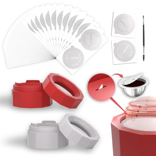 BinZetic Vertuoline – Lot de 2 capsules réutilisables pour capsules de recharge, avec dissolvant de couvercle en aluminium et 100 pièces [62 mm, de qualité alimentaire] couvercles et brosse, conçus