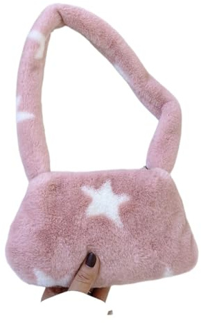 Plysch väska crossbody-väskor för kvinnor, mjuk plysch underarmsväska, fluffig kärlekshjärta-form, myntväska för telefon, vinter, Rosa stjärna, 22x14x2cm