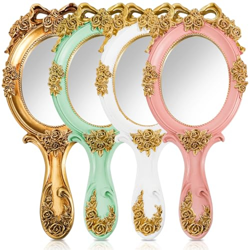 Goaste 4 Pack Vintage Handheld Mirrors, Retro-Style Vanity Makeup Mirror with Embossed Rose & Bowknot, Portable Resin Princess Cosmetic Mirrors with Handle, Cute Oval Mirror for Mom Wife Girl Friend