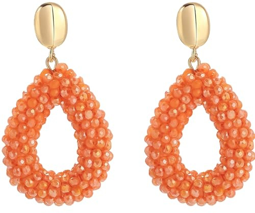 LUMOOM Boho Ohrringe Hängend Handgefertigt, Bunte Perlenohrringe, Tropfenförmig Modischer Schmuck, Baumelnde Rocailles im Bohemia Stil für Frauen und Mädchen (Orange)