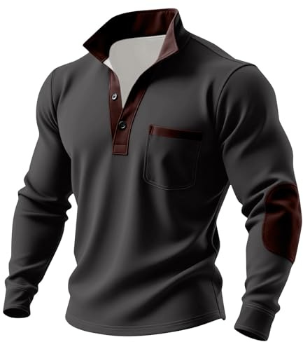 SOOUICKER Poloshirt Herren Langarm Winter mit Brusttasche Pullover Elegant Zweifarbig Sweatshirt mit Kragen Business Pulli Modern Polo