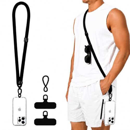 SINAKICO®️ Cuerda para movil | Cordón para Móvil Cuello + Parche Universal | Correa con Phone Strap | Cuerda Antipérdida para Colgar | Colgante Móvil y Llaves(Negro)
